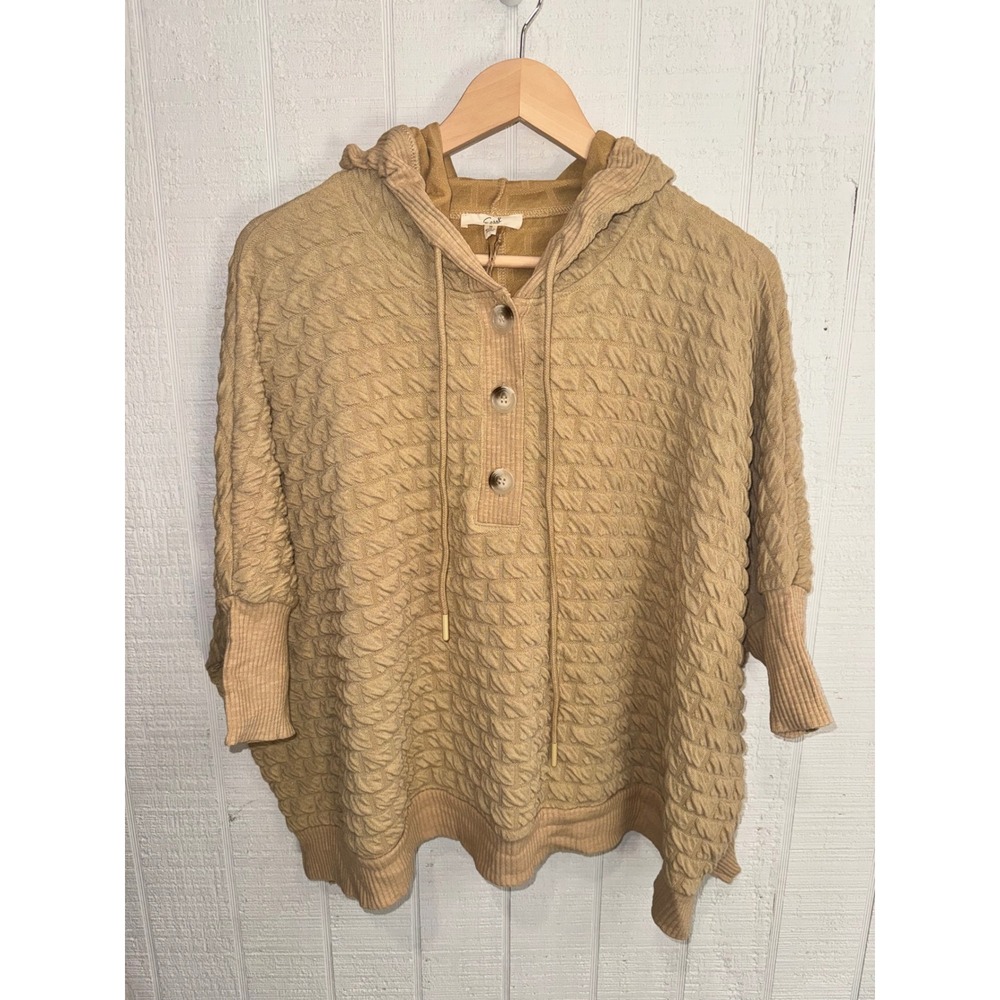 Easel Textured Henley Hoodie Women Tan Popcorn Knit Dolman Sleeve Small NWT